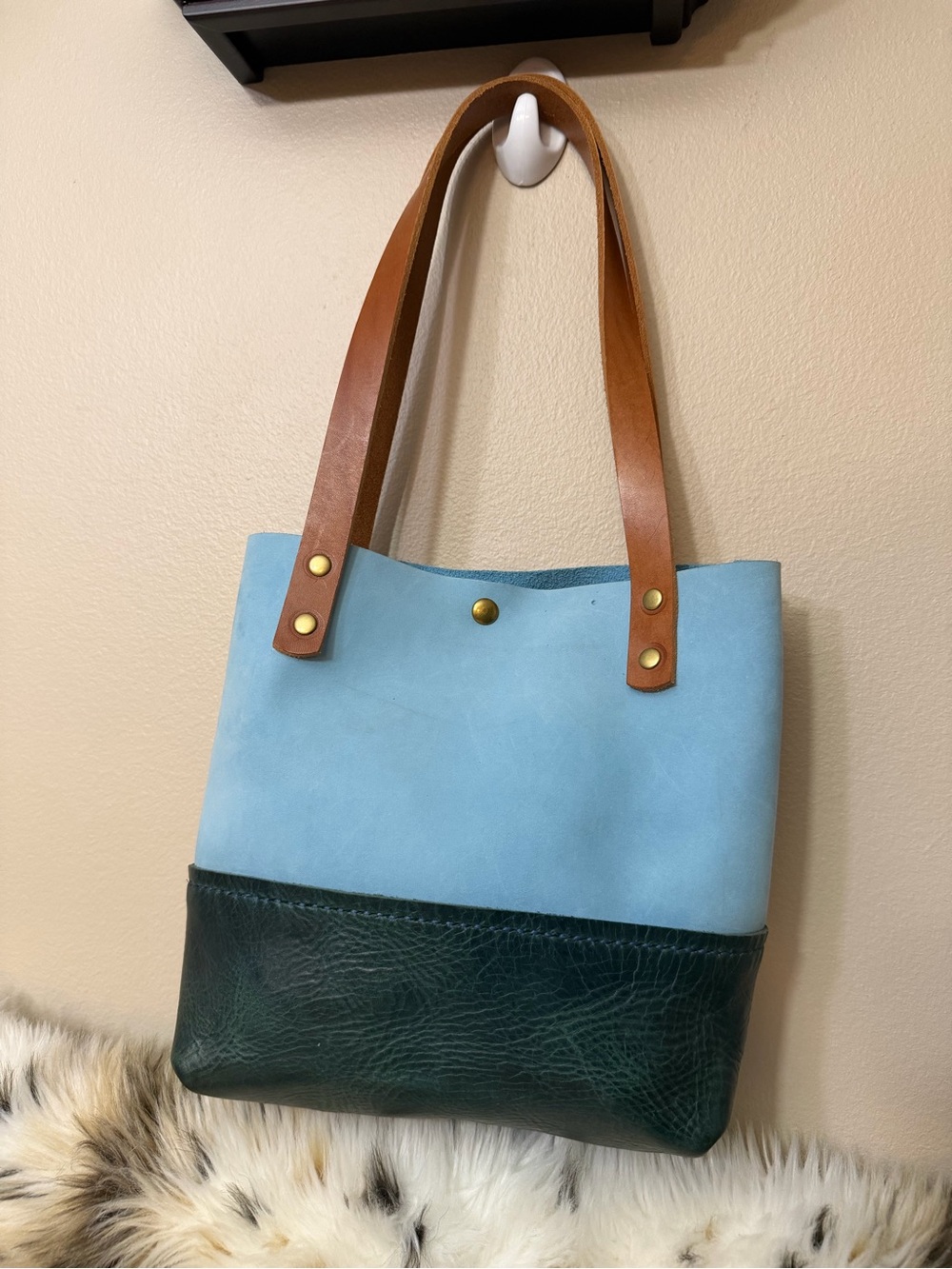 Two-Tone Leather Tote in Light Blue & Dark Green with Tan Straps